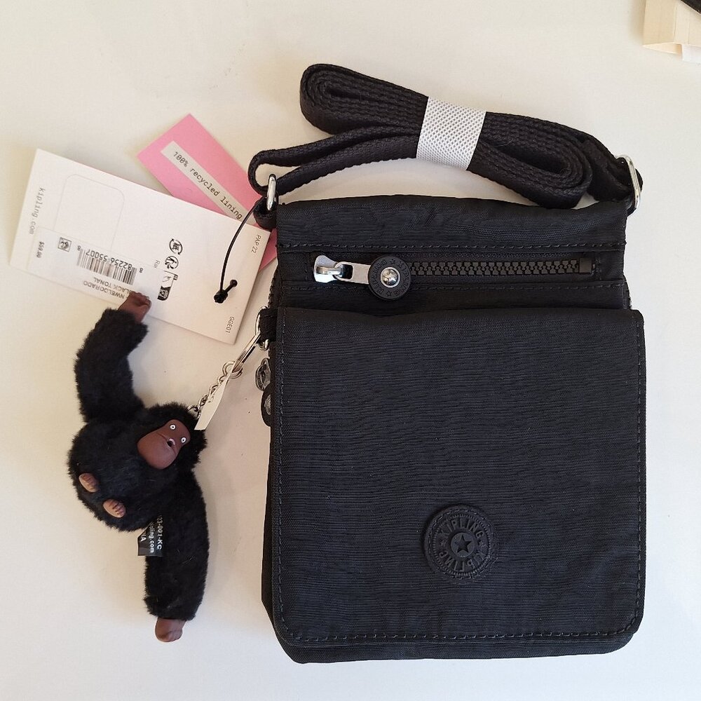 NIB - Kippling Eldorado crossbody bag in Black Tonal with Monkey Charm